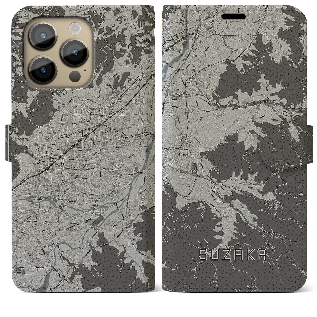 【須坂(長野県)】地図柄iPhoneケース(手帳タイプ)モノトーン・iPhone 14 Pro Max 用