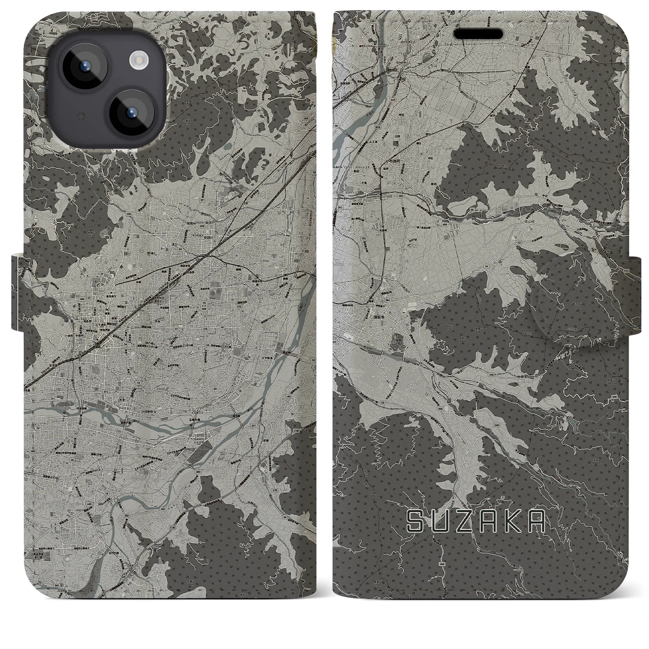 【須坂(長野県)】地図柄iPhoneケース(手帳タイプ)モノトーン・iPhone 14 Plus 用
