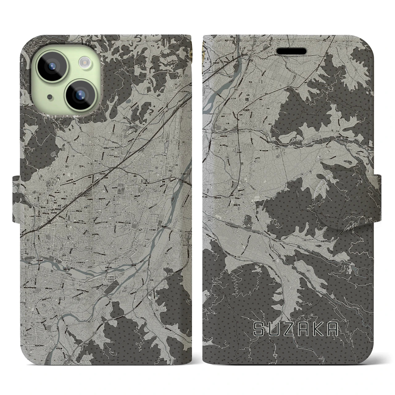 【須坂(長野県)】地図柄iPhoneケース(手帳タイプ)モノトーン・iPhone 15 用