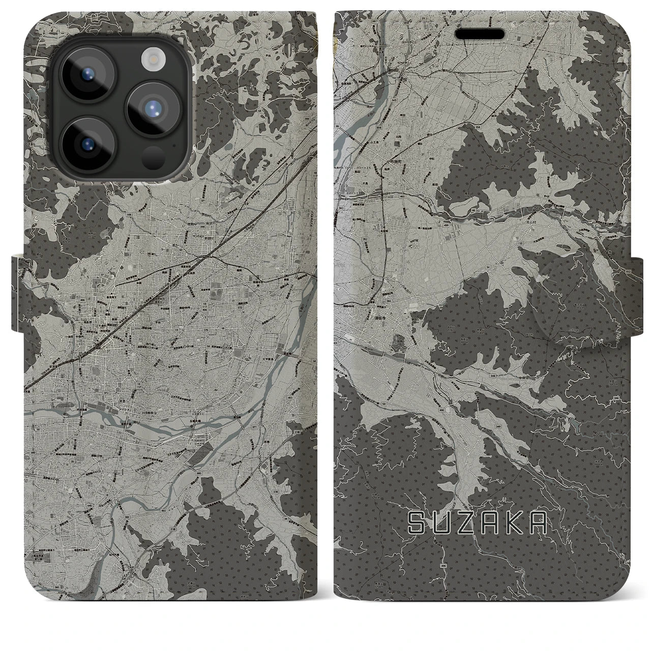 【須坂(長野県)】地図柄iPhoneケース(手帳タイプ)モノトーン・iPhone 15 Pro Max 用