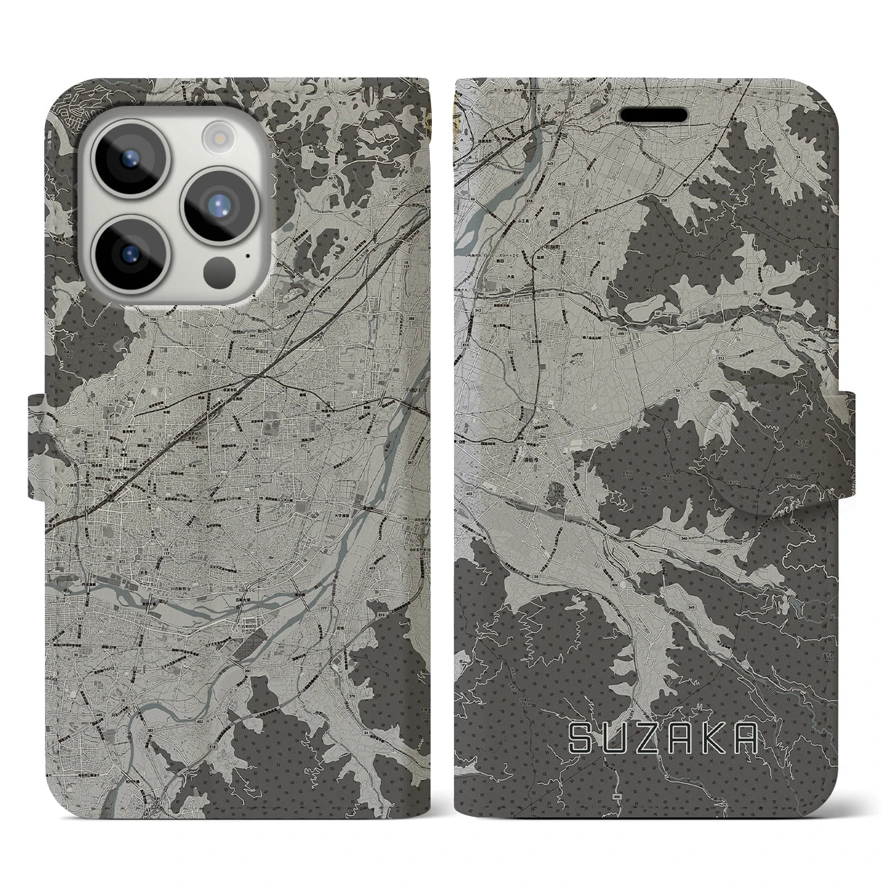 【須坂(長野県)】地図柄iPhoneケース(手帳タイプ)モノトーン・iPhone 15 Pro 用