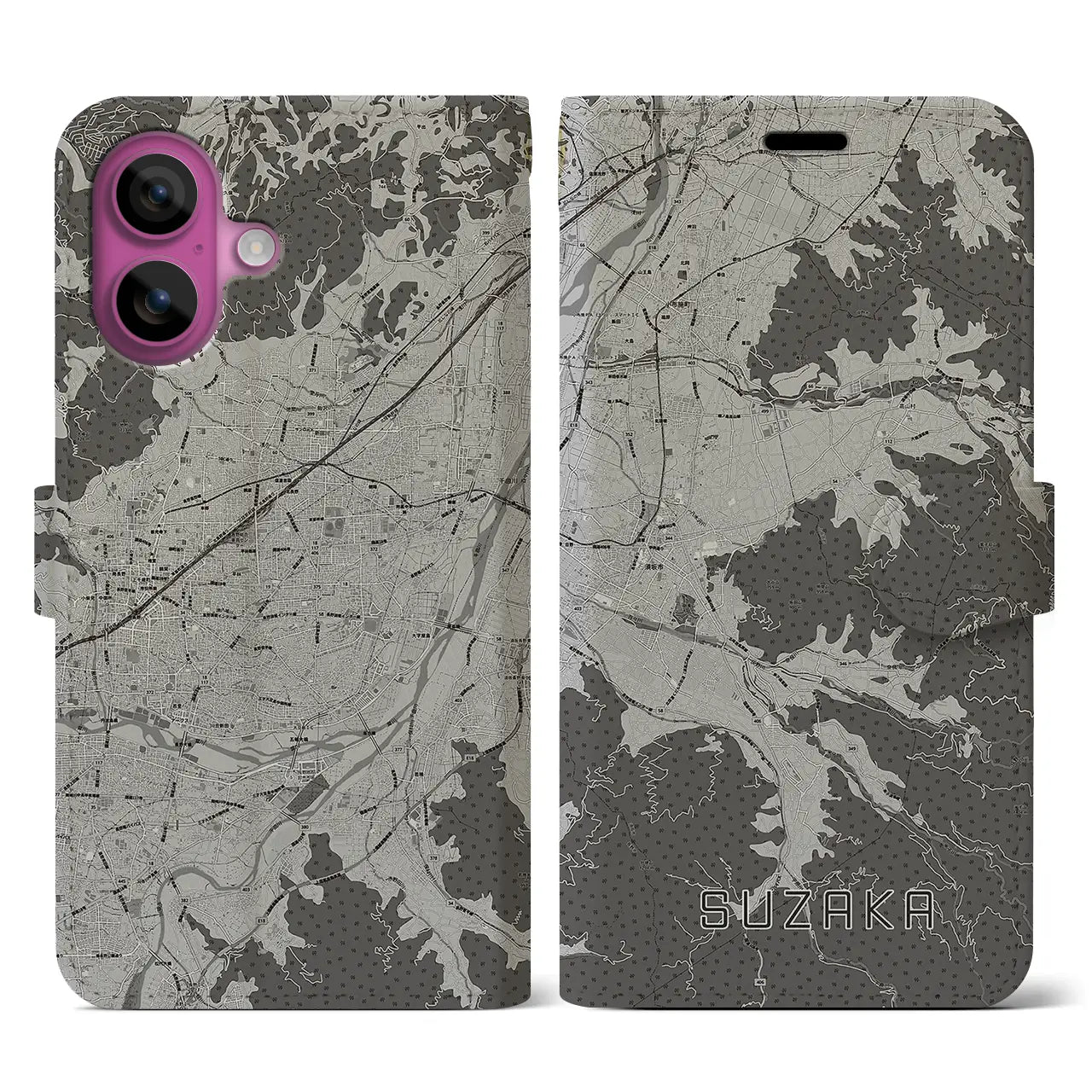 【須坂(長野県)】地図柄iPhoneケース(手帳タイプ)モノトーン・iPhone 16 Pro 用