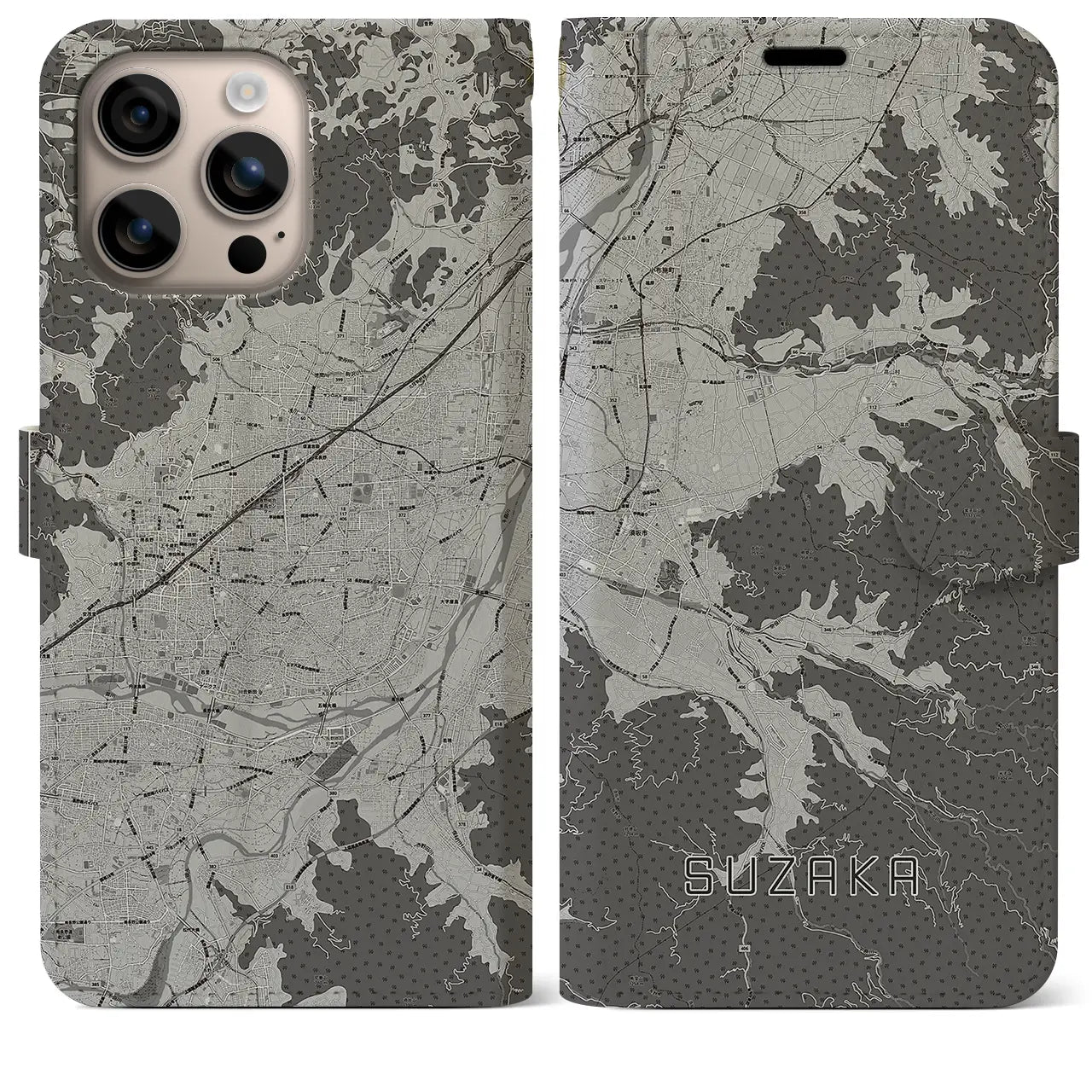 【須坂(長野県)】地図柄iPhoneケース(手帳タイプ)モノトーン・iPhone 16 Plus 用