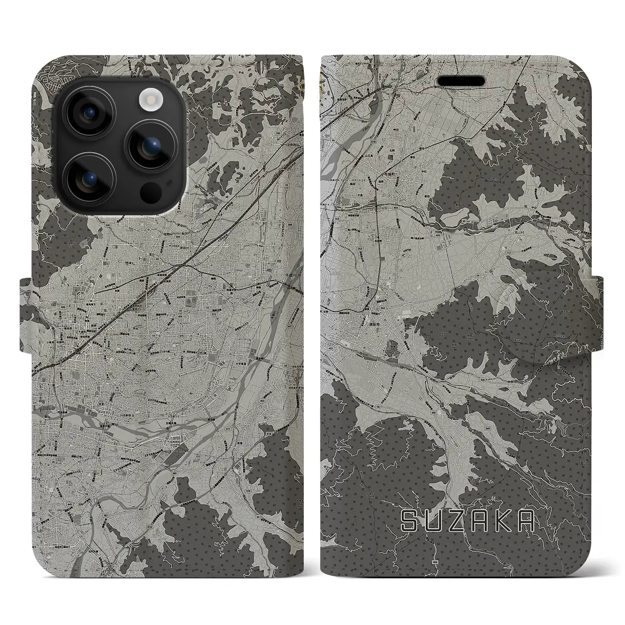 【須坂(長野県)】地図柄iPhoneケース(手帳タイプ)モノトーン・iPhone 16 用
