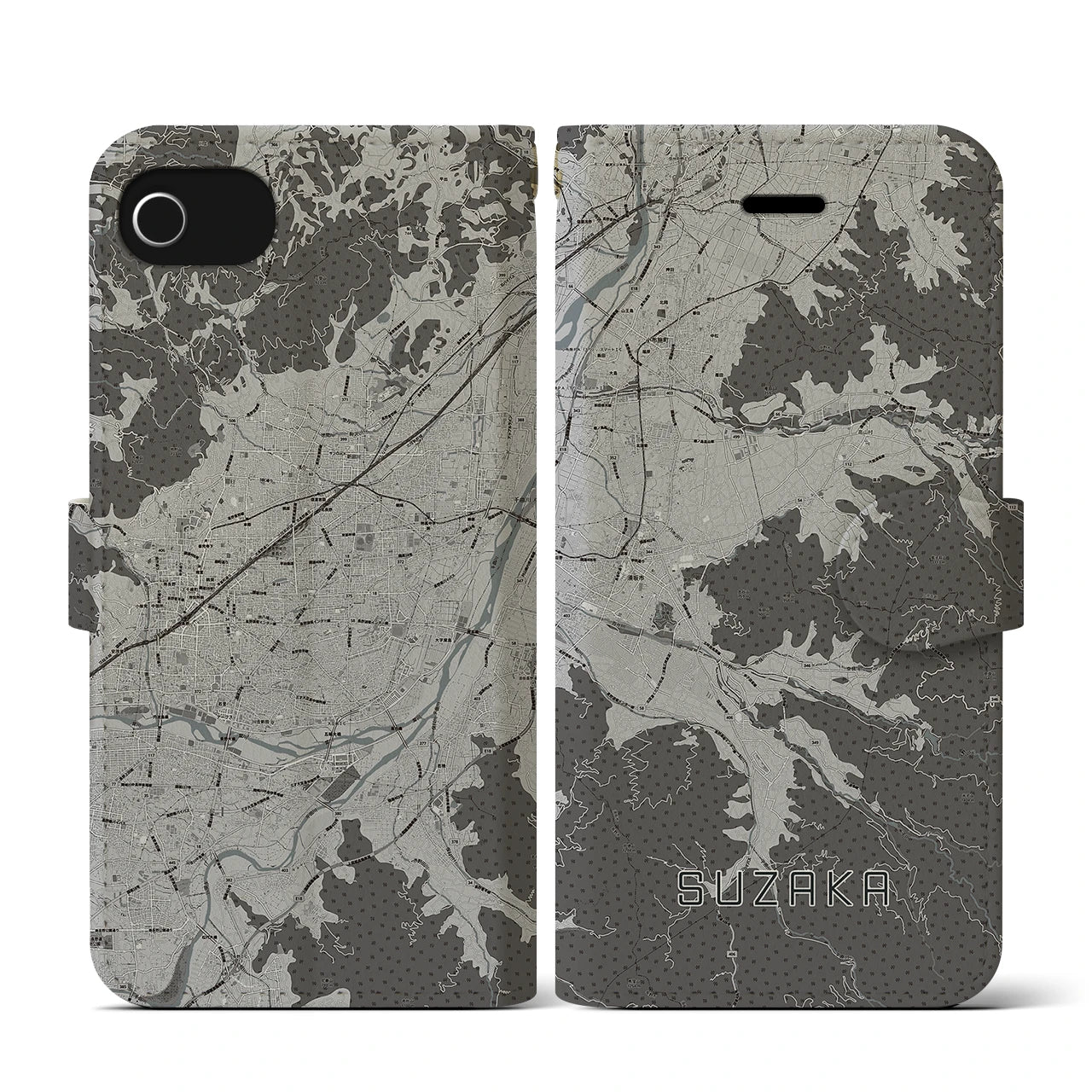 【須坂(長野県)】地図柄iPhoneケース(手帳タイプ)モノトーン・iPhone SE(第3 / 第2世代) / 8 / 7 / 6s / 6 用