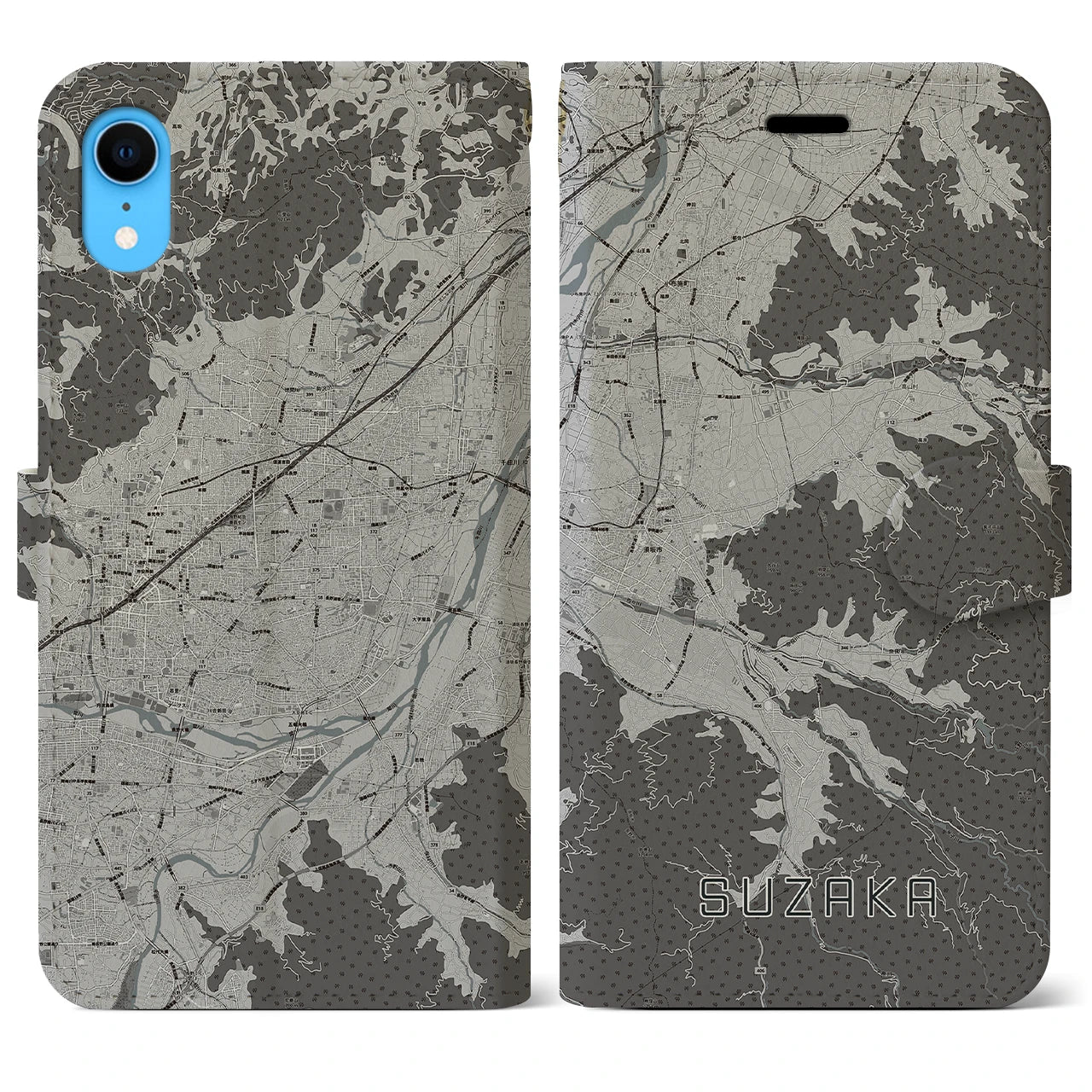 【須坂(長野県)】地図柄iPhoneケース(手帳タイプ)モノトーン・iPhone XR 用