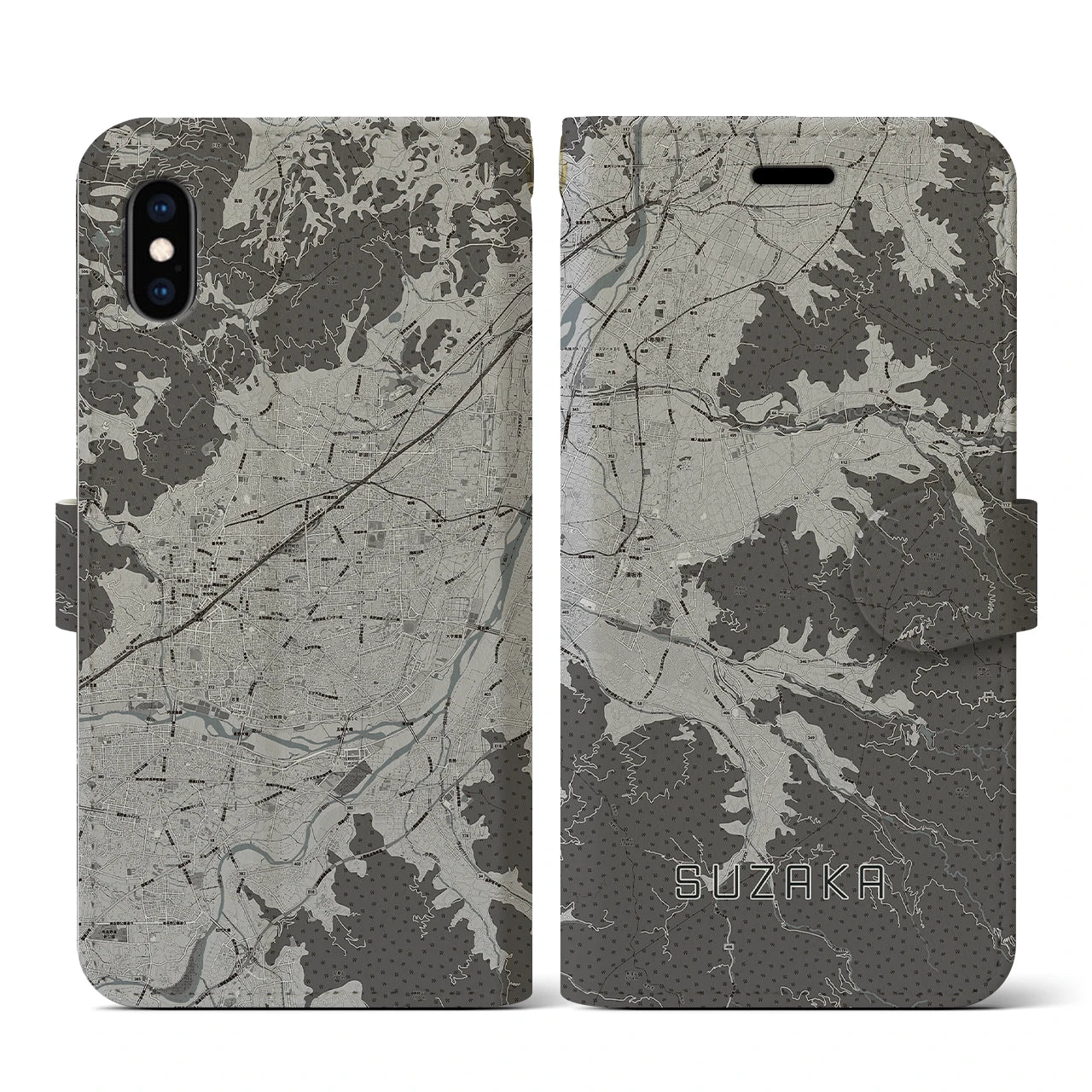 【須坂(長野県)】地図柄iPhoneケース(手帳タイプ)モノトーン・iPhone XS / X 用