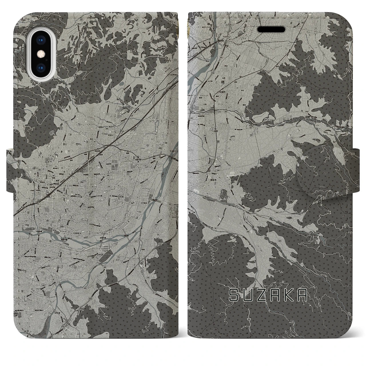 【須坂(長野県)】地図柄iPhoneケース(手帳タイプ)モノトーン・iPhone XS Max 用