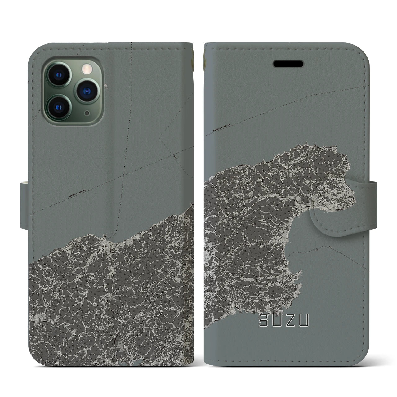 【珠洲(石川県)】地図柄iPhoneケース(手帳タイプ)モノトーン・iPhone 11 Pro 用