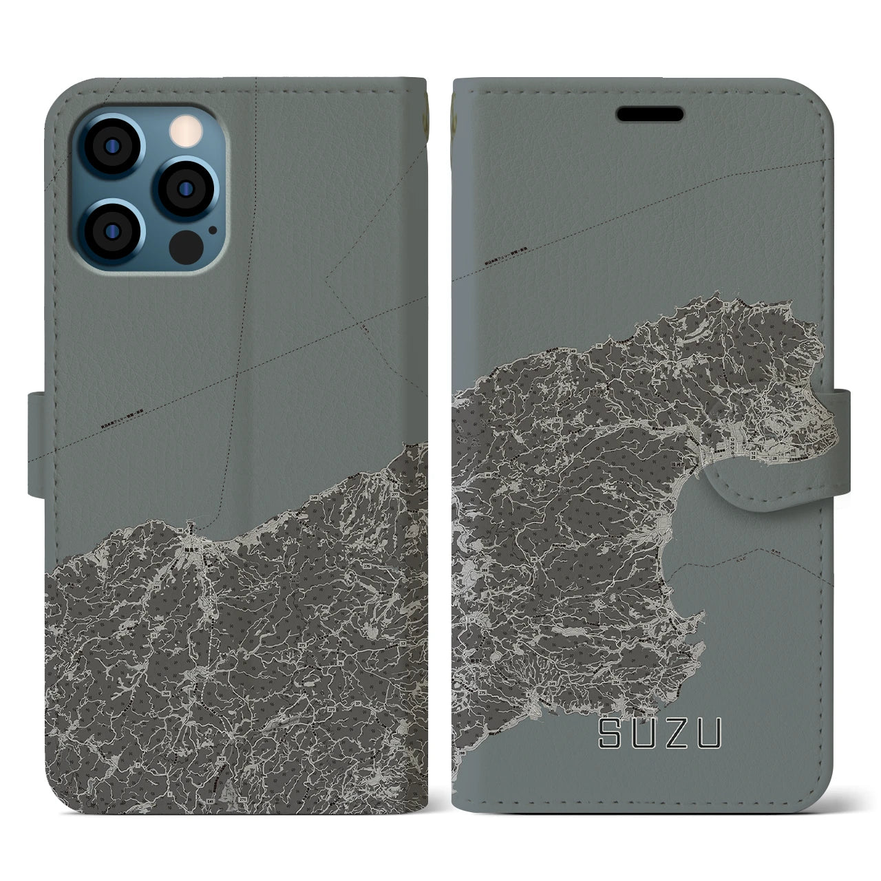 【珠洲(石川県)】地図柄iPhoneケース(手帳タイプ)モノトーン・iPhone 12 / 12 Pro 用