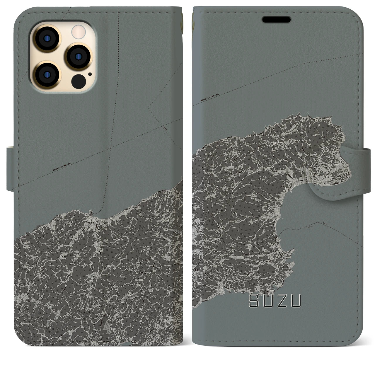 【珠洲(石川県)】地図柄iPhoneケース(手帳タイプ)モノトーン・iPhone 12 Pro Max 用