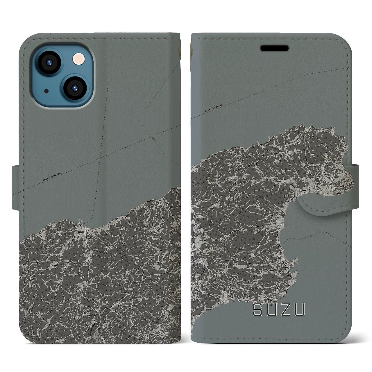【珠洲(石川県)】地図柄iPhoneケース(手帳タイプ)モノトーン・iPhone 13 用