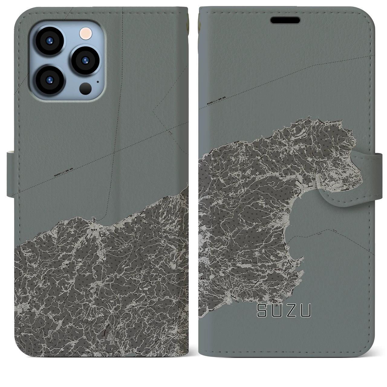 【珠洲(石川県)】地図柄iPhoneケース(手帳タイプ)モノトーン・iPhone 13 Pro Max 用