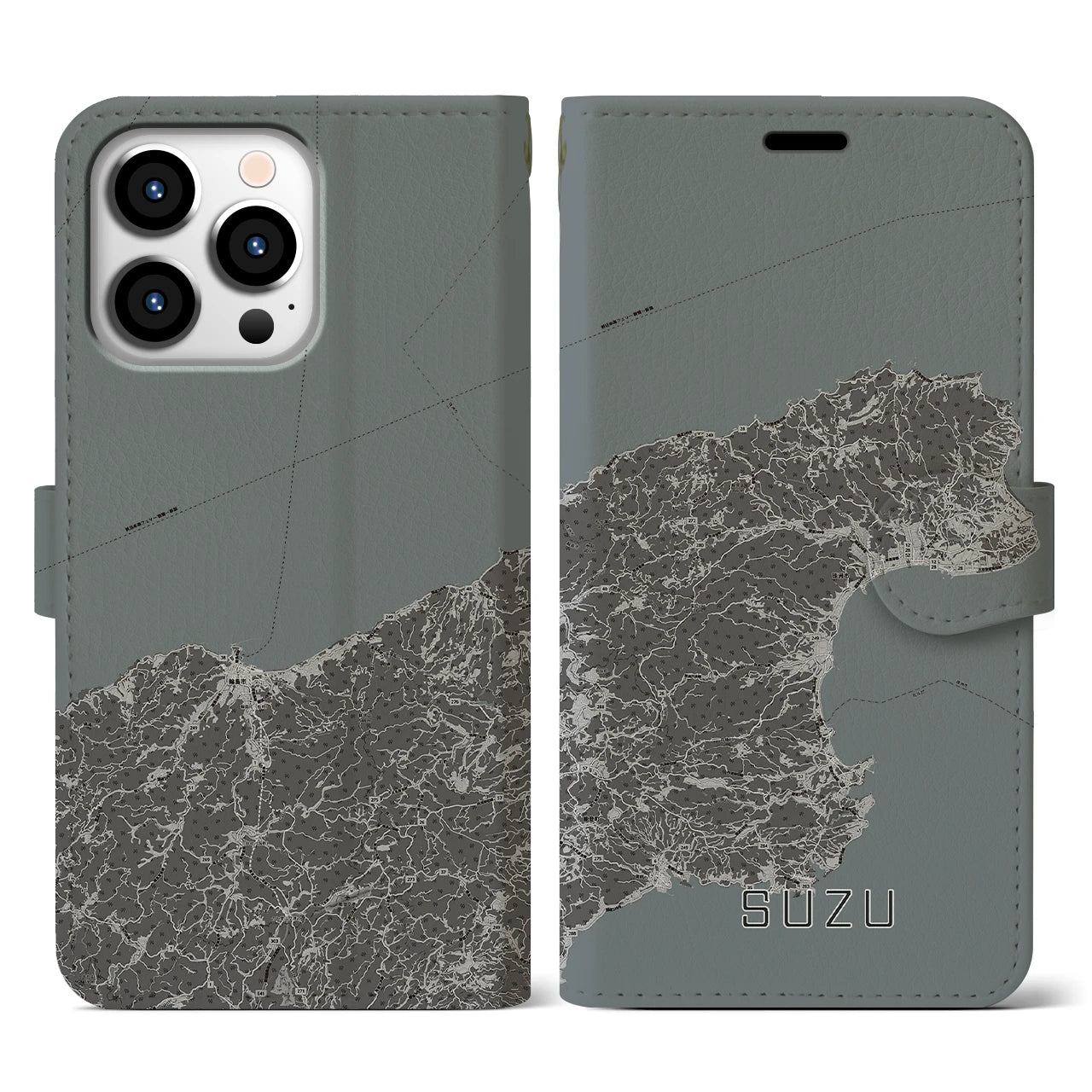 【珠洲(石川県)】地図柄iPhoneケース(手帳タイプ)モノトーン・iPhone 13 Pro 用