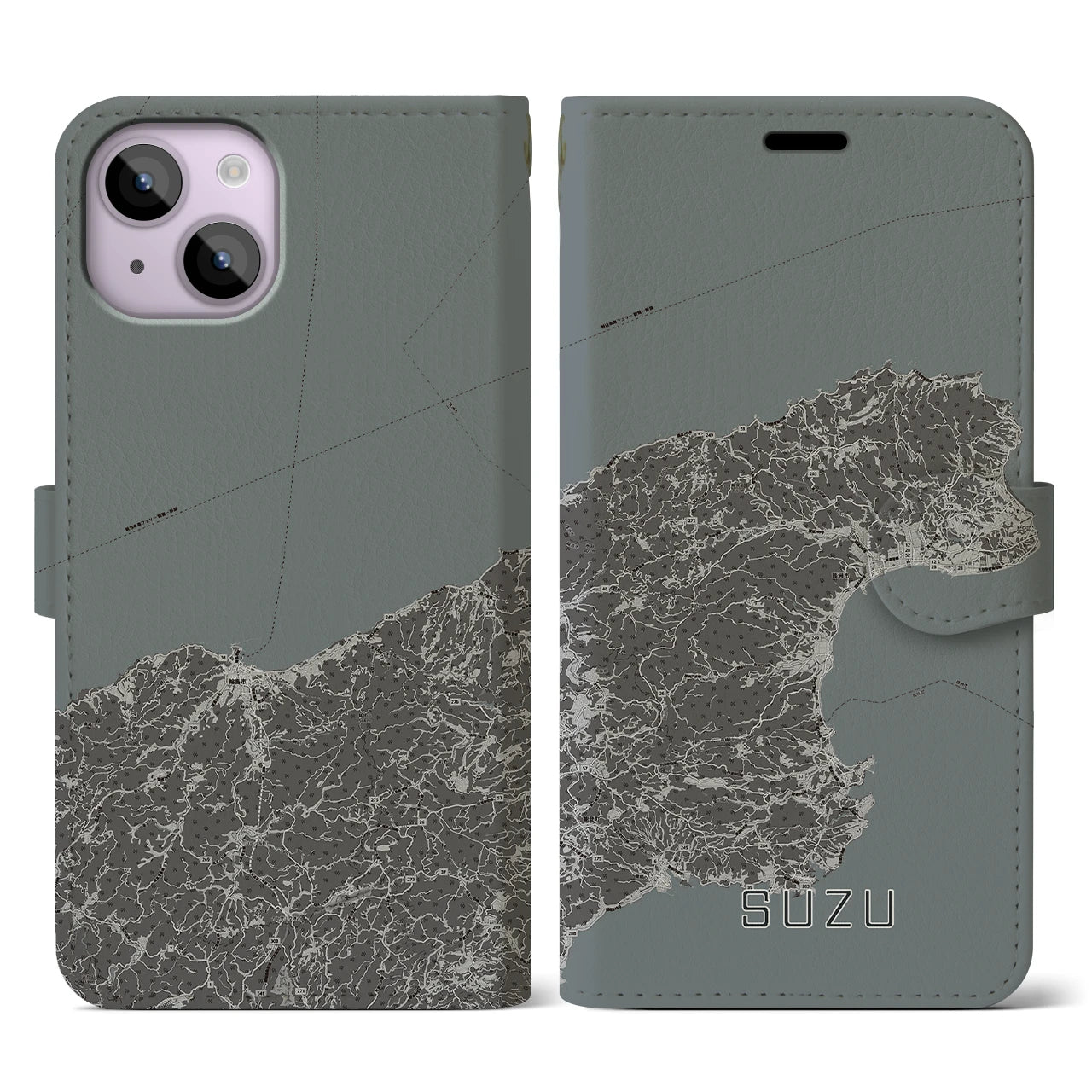 【珠洲(石川県)】地図柄iPhoneケース(手帳タイプ)モノトーン・iPhone 14 用