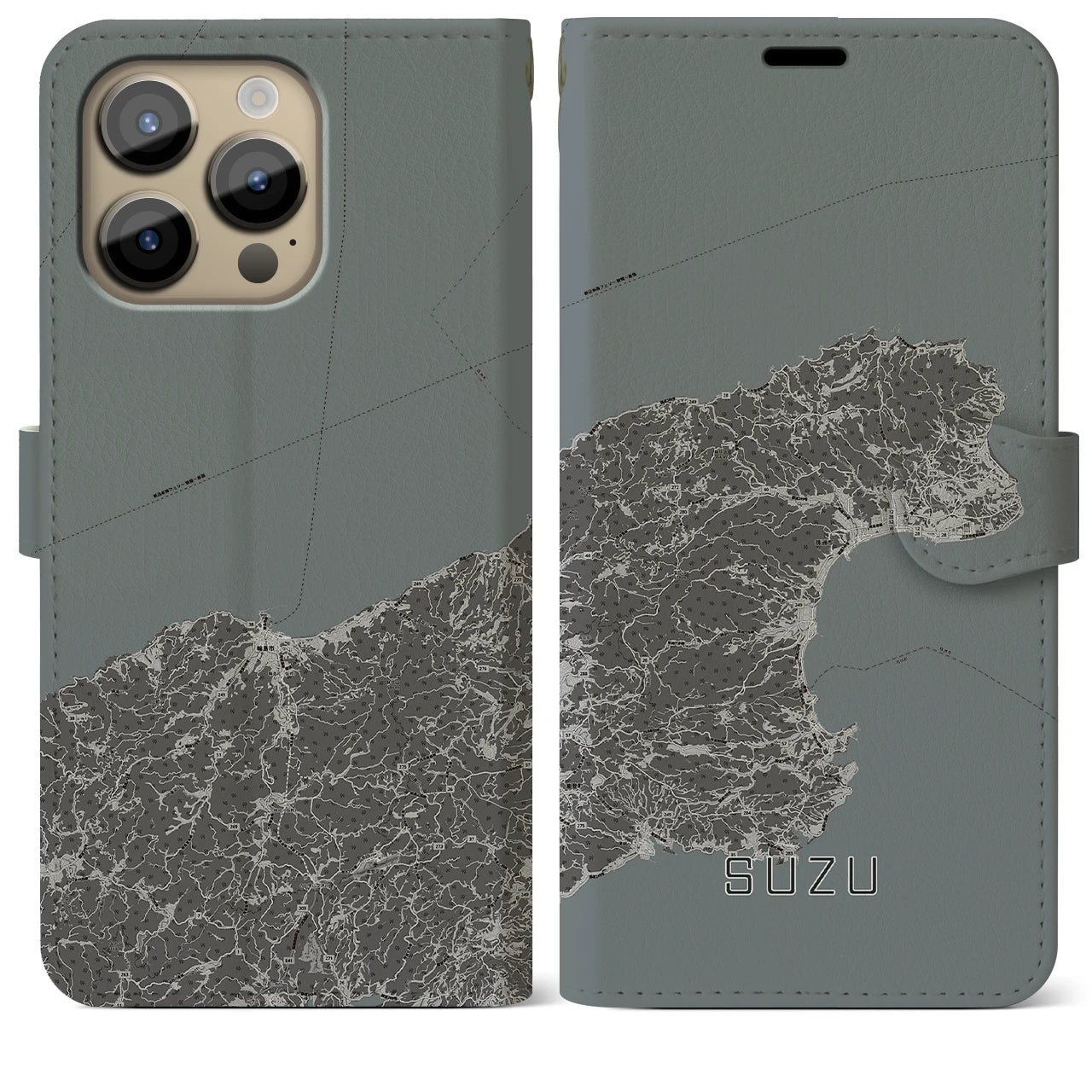 【珠洲(石川県)】地図柄iPhoneケース(手帳タイプ)モノトーン・iPhone 14 Pro Max 用