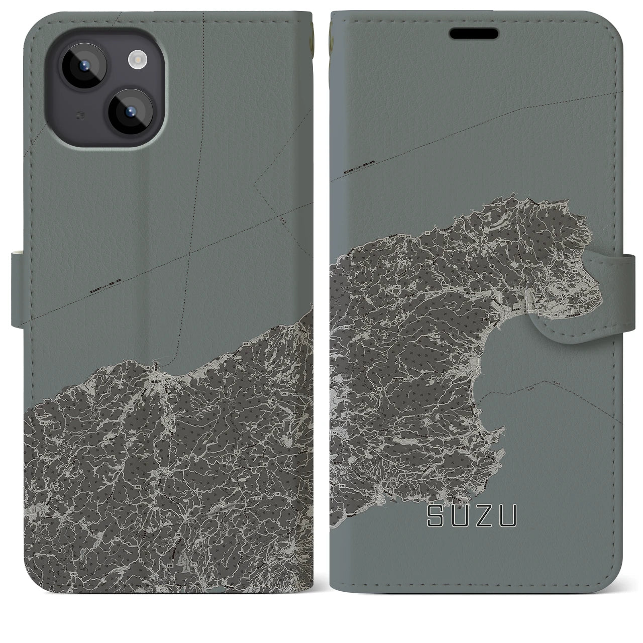 【珠洲(石川県)】地図柄iPhoneケース(手帳タイプ)モノトーン・iPhone 14 Plus 用