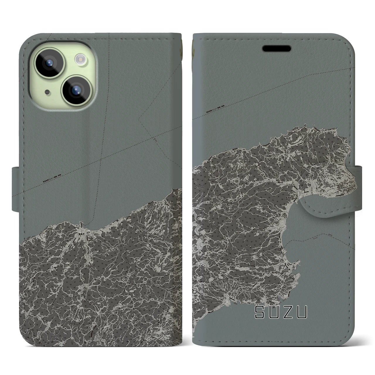 【珠洲(石川県)】地図柄iPhoneケース(手帳タイプ)モノトーン・iPhone 15 用