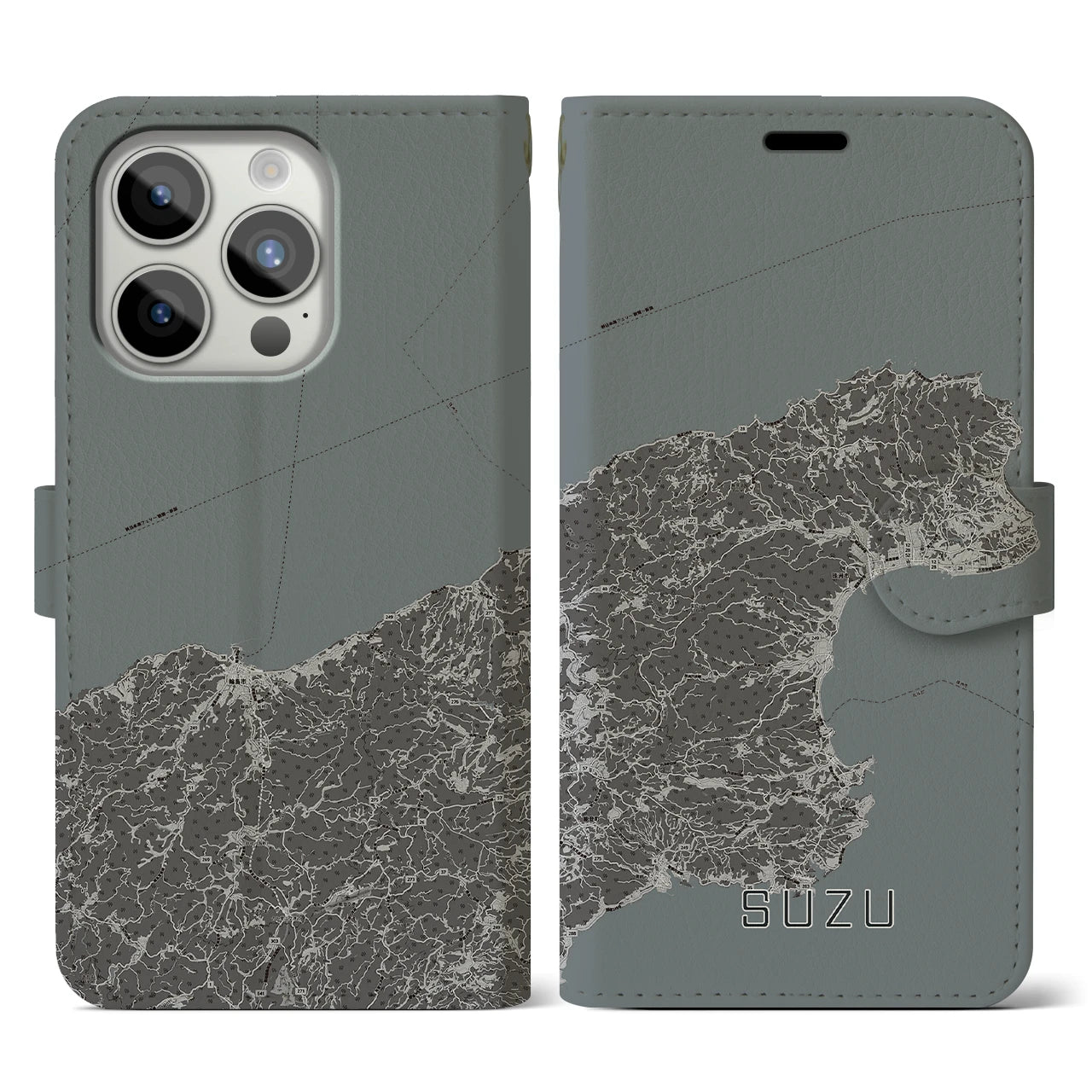 【珠洲(石川県)】地図柄iPhoneケース(手帳タイプ)モノトーン・iPhone 15 Pro 用
