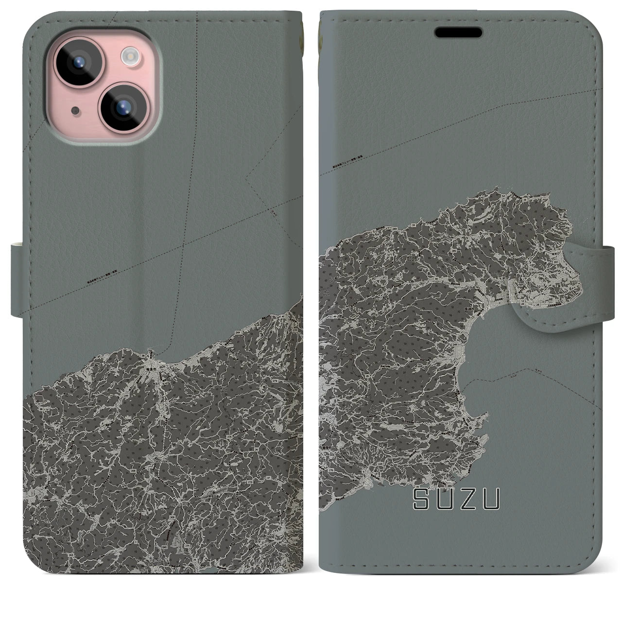 【珠洲(石川県)】地図柄iPhoneケース(手帳タイプ)モノトーン・iPhone 15 Plus 用