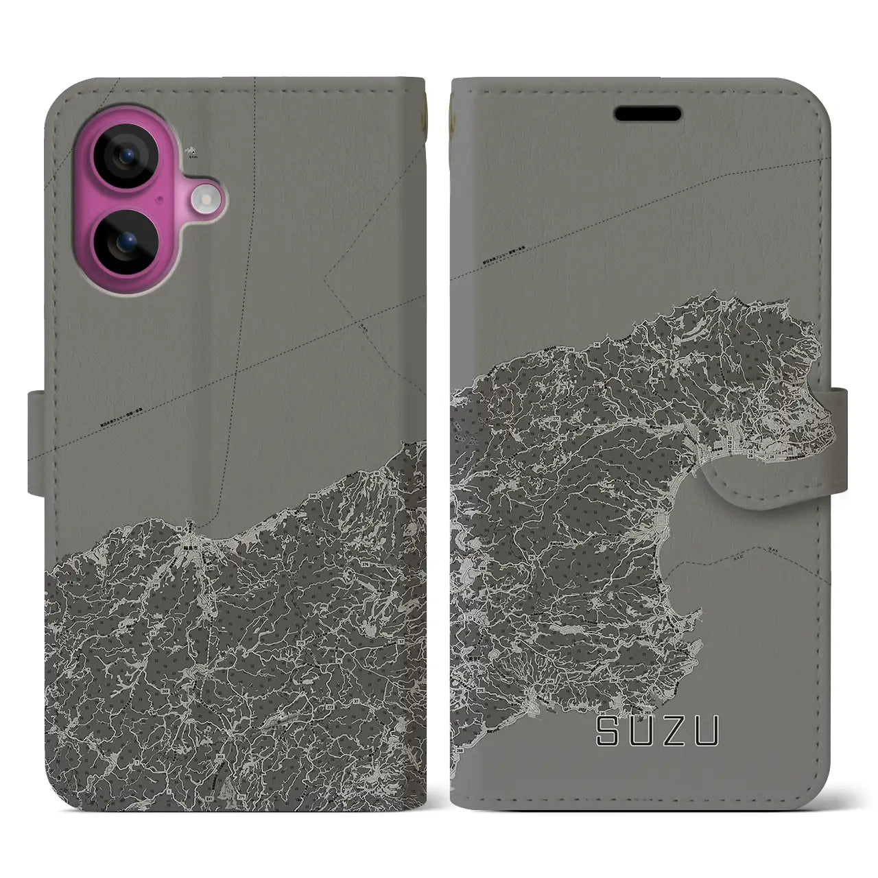 【珠洲(石川県)】地図柄iPhoneケース(手帳タイプ)モノトーン・iPhone 16 Pro 用