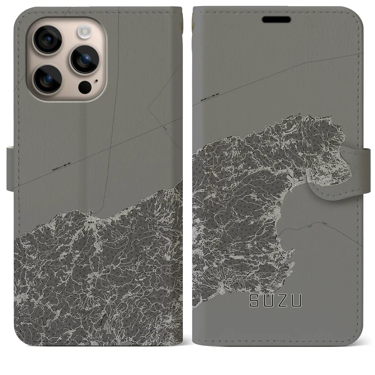 【珠洲(石川県)】地図柄iPhoneケース(手帳タイプ)モノトーン・iPhone 16 Plus 用