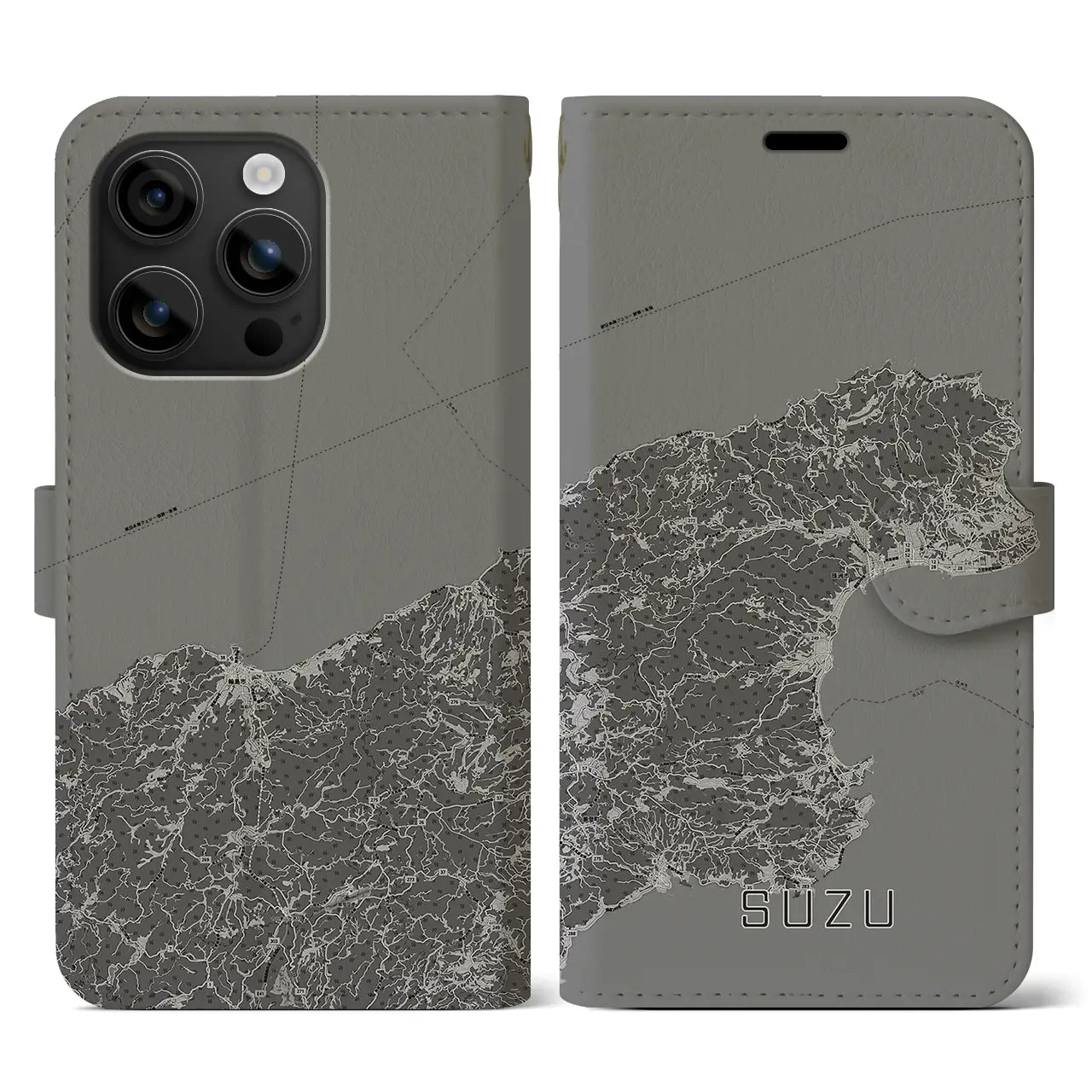 【珠洲(石川県)】地図柄iPhoneケース(手帳タイプ)モノトーン・iPhone 16 用
