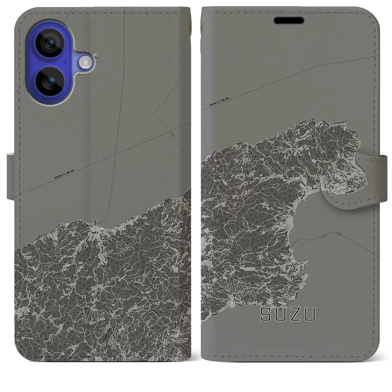 【珠洲(石川県)】地図柄iPhoneケース(手帳タイプ)モノトーン・iPhone 16 Pro Max 用