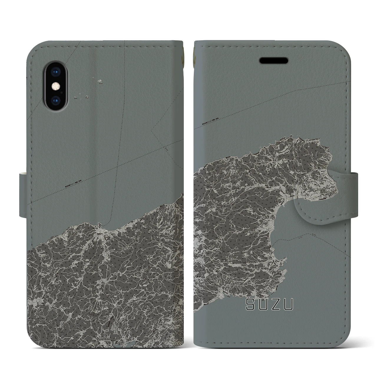 【珠洲(石川県)】地図柄iPhoneケース(手帳タイプ)モノトーン・iPhone XS / X 用