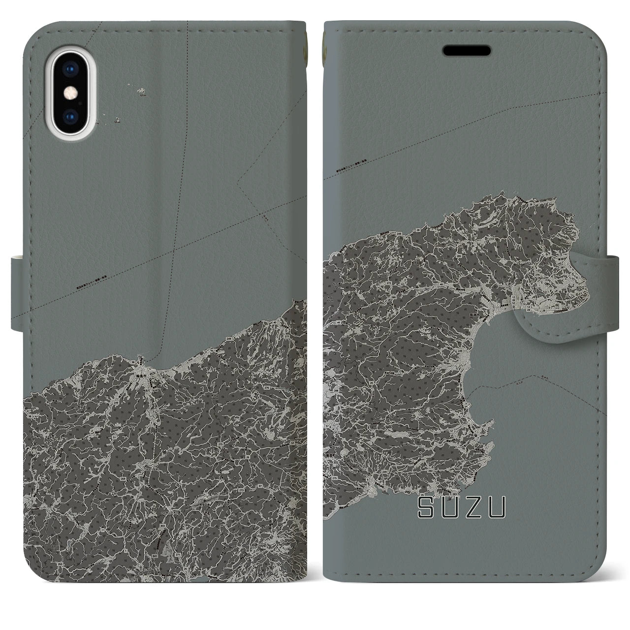 【珠洲(石川県)】地図柄iPhoneケース(手帳タイプ)モノトーン・iPhone XS Max 用