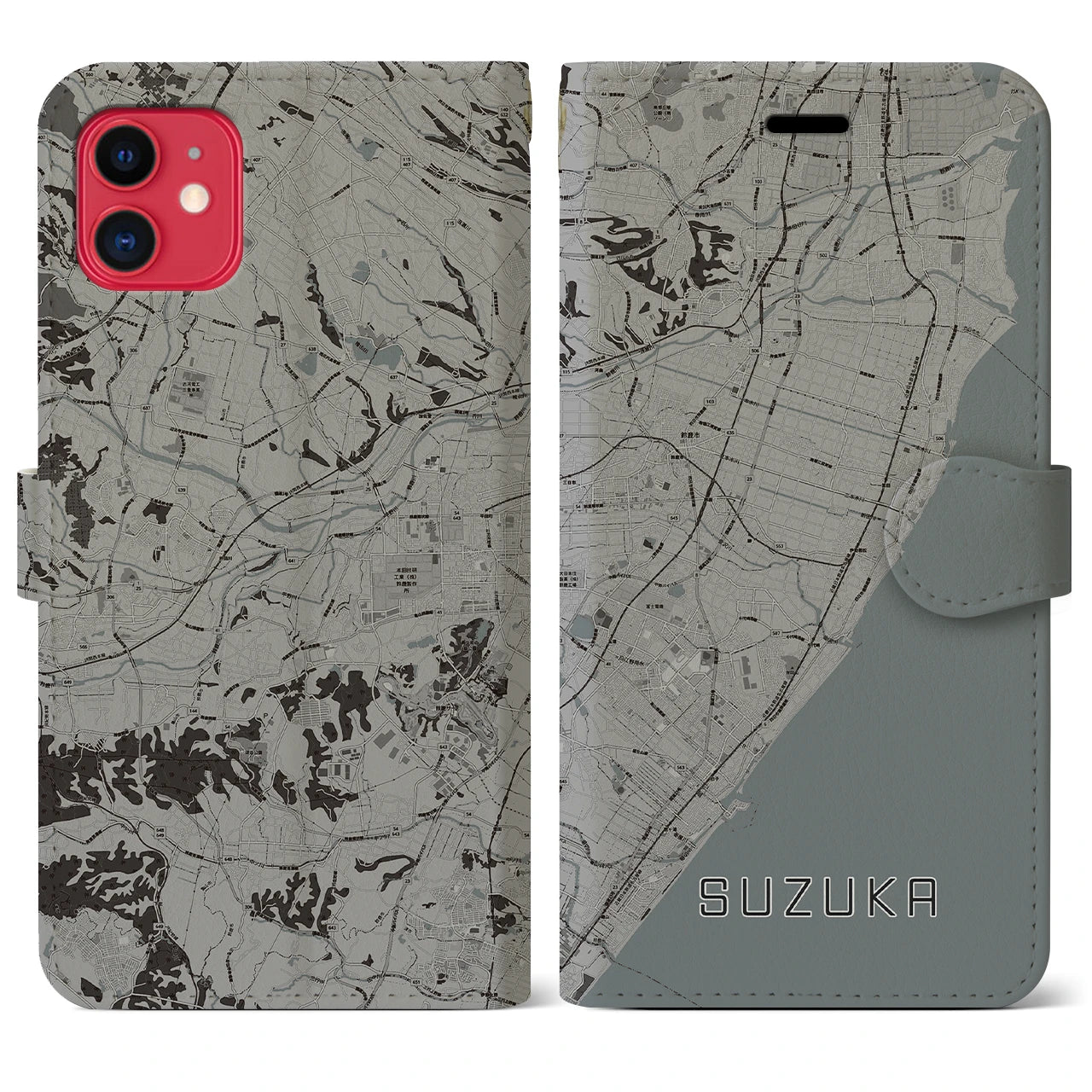 【鈴鹿(三重県)】地図柄iPhoneケース(手帳タイプ)モノトーン・iPhone 11 用