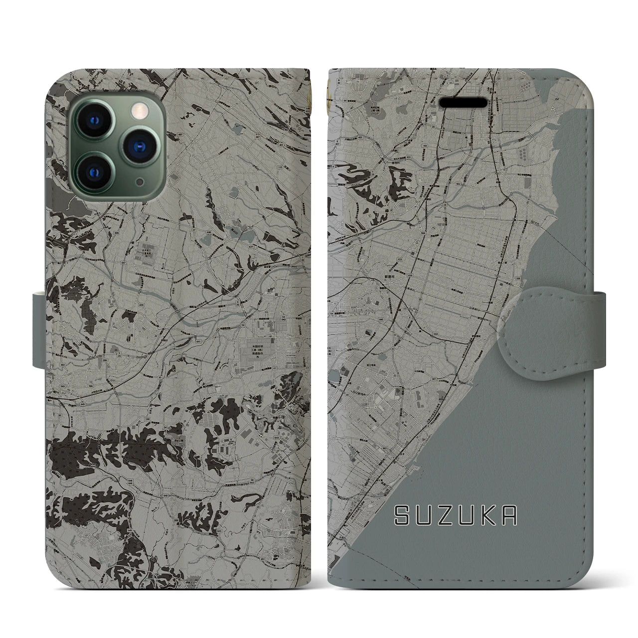 【鈴鹿(三重県)】地図柄iPhoneケース(手帳タイプ)モノトーン・iPhone 11 Pro 用