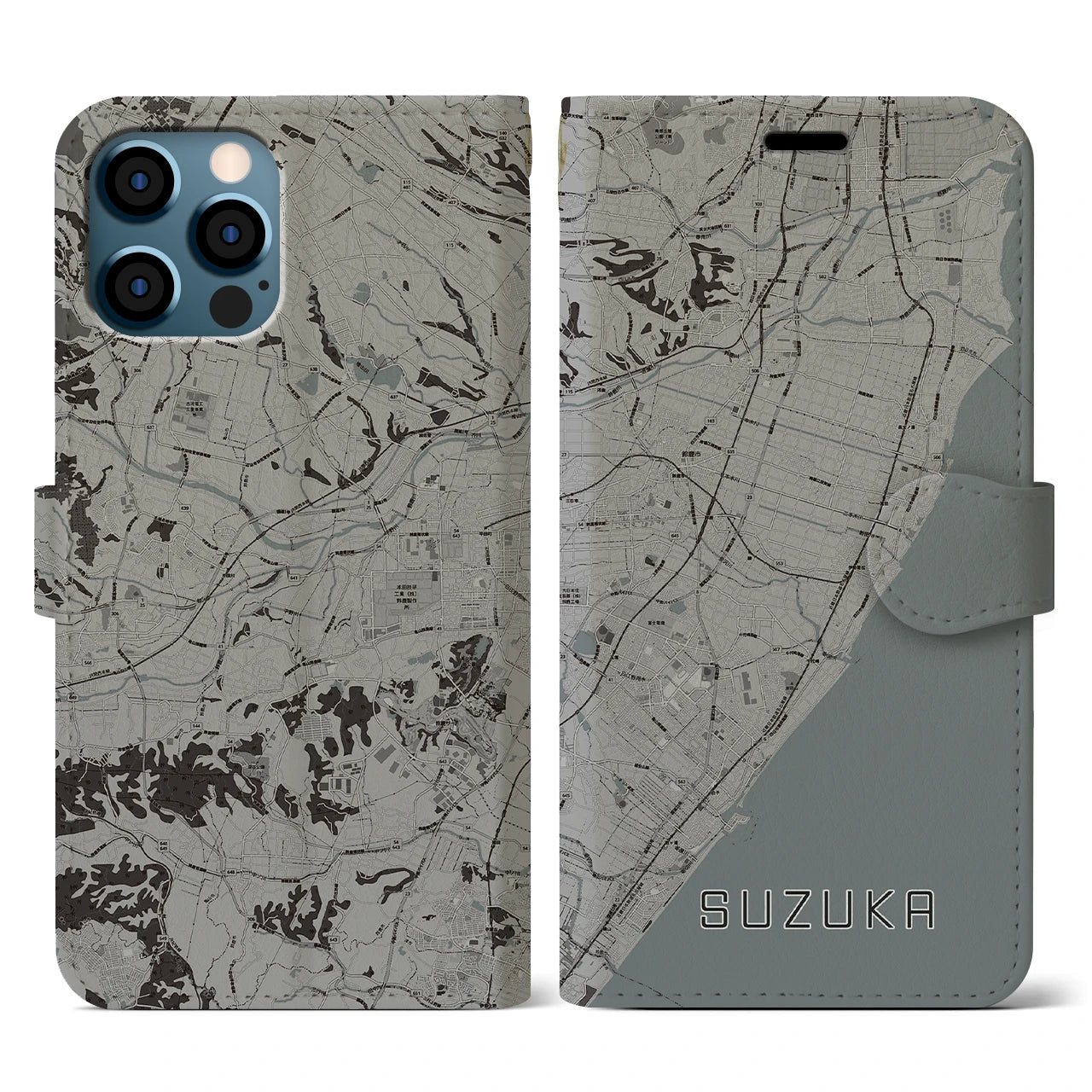【鈴鹿(三重県)】地図柄iPhoneケース(手帳タイプ)モノトーン・iPhone 12 / 12 Pro 用