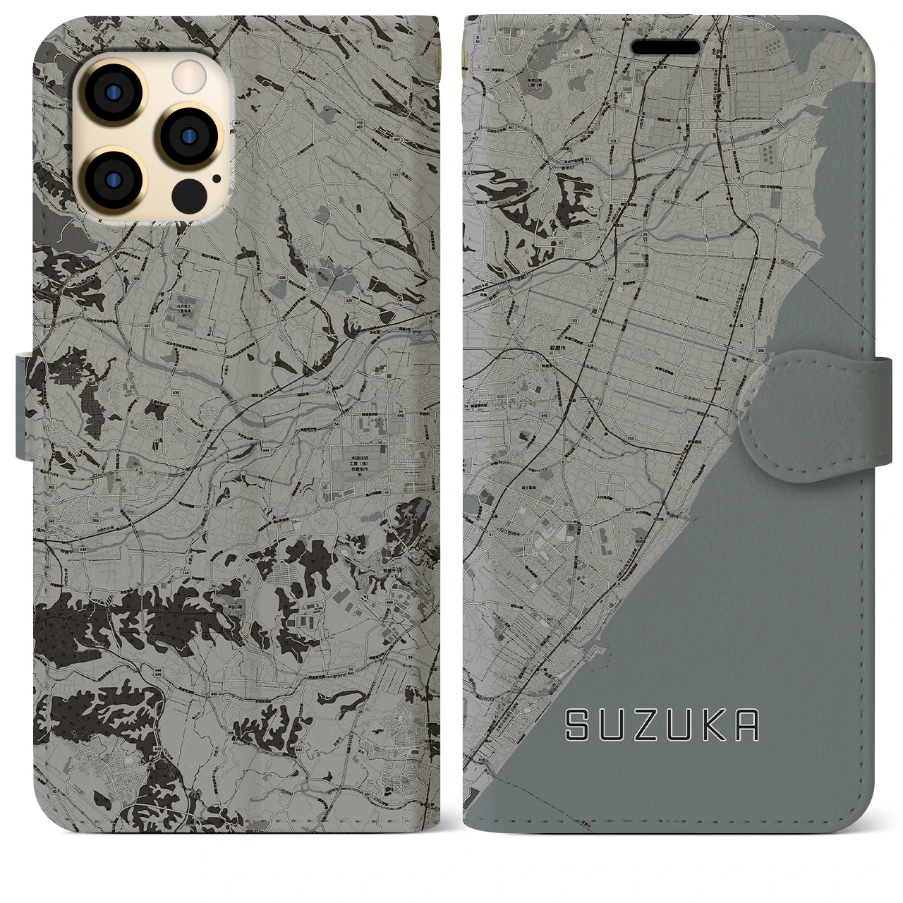 【鈴鹿(三重県)】地図柄iPhoneケース(手帳タイプ)モノトーン・iPhone 12 Pro Max 用