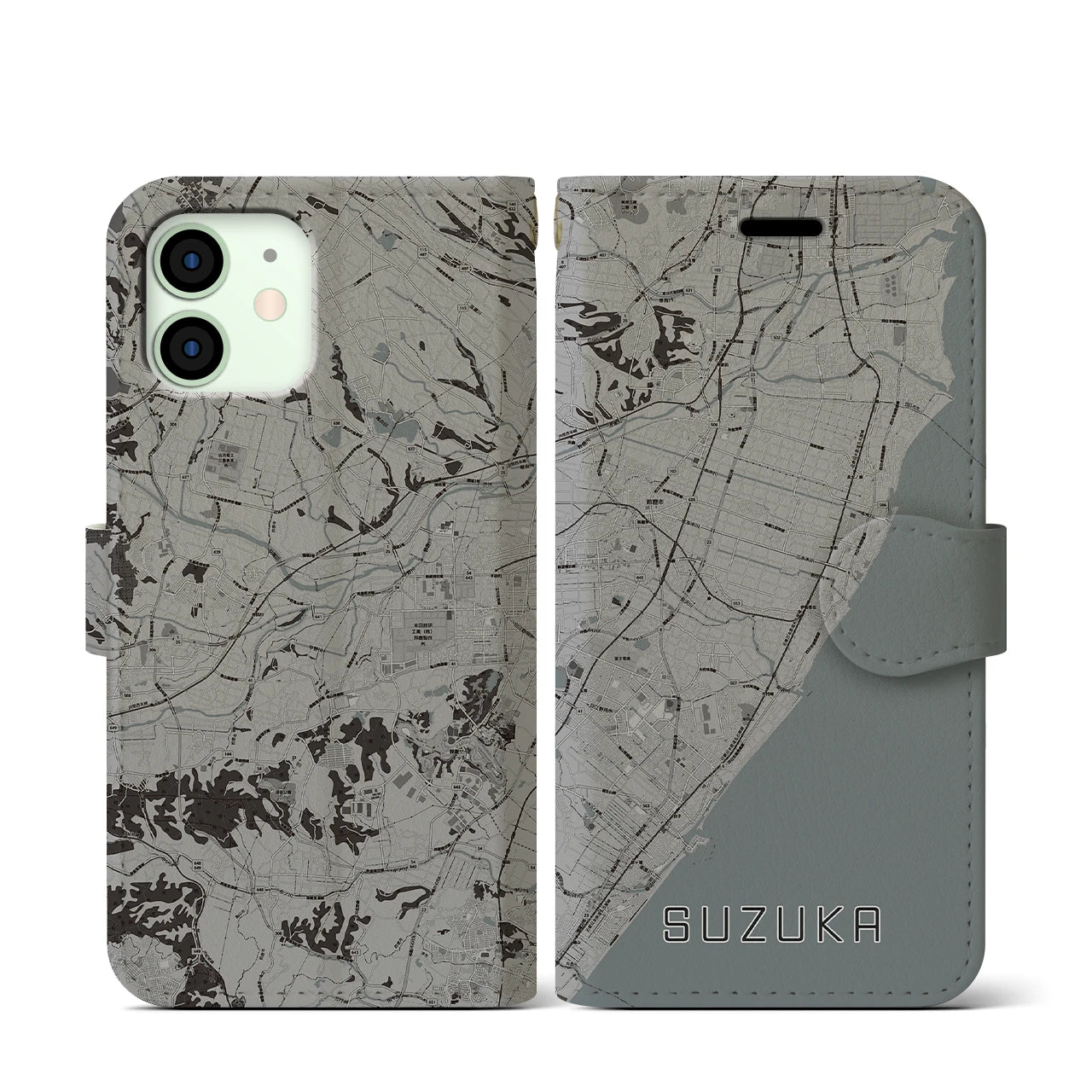 【鈴鹿(三重県)】地図柄iPhoneケース(手帳タイプ)モノトーン・iPhone 12 mini 用