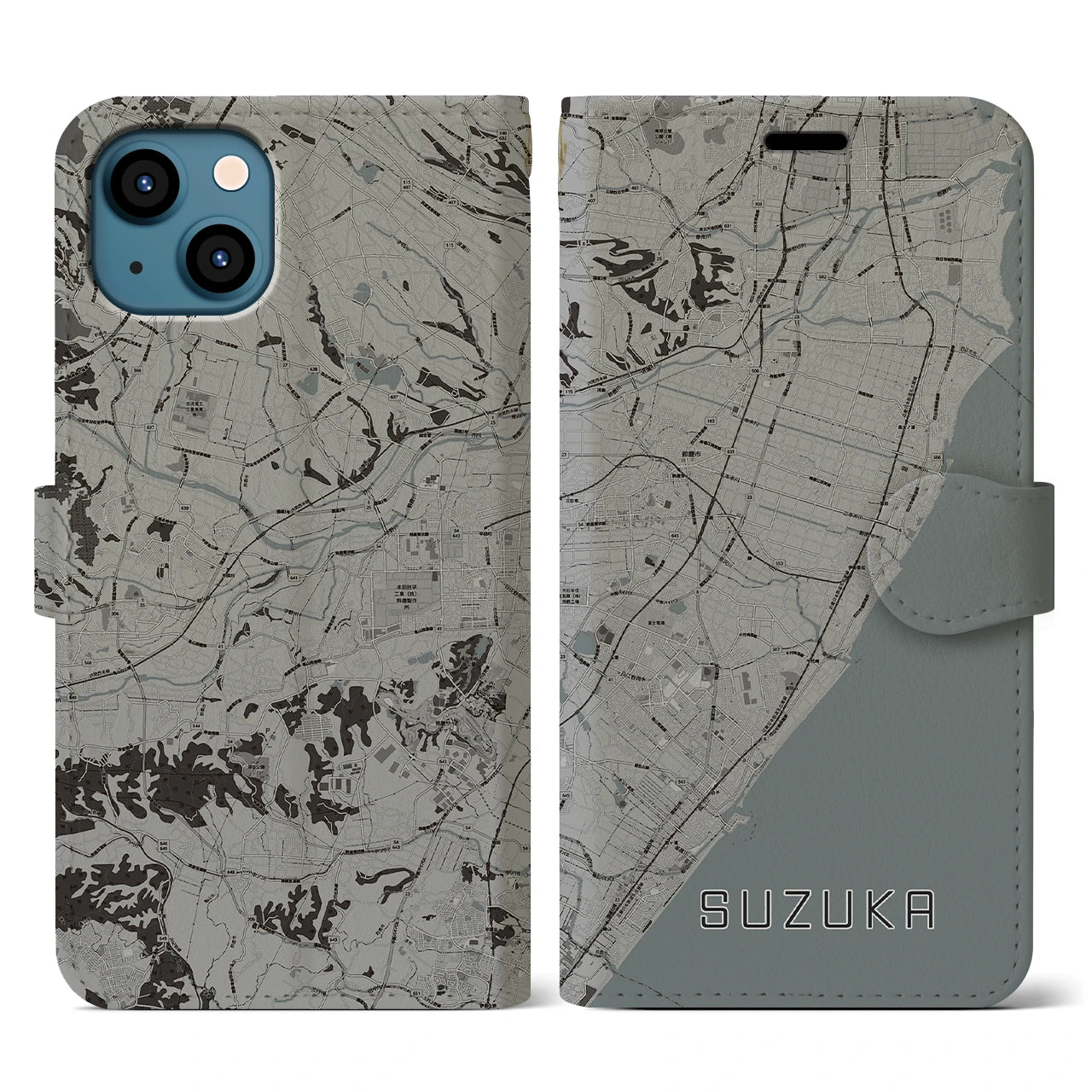 【鈴鹿(三重県)】地図柄iPhoneケース(手帳タイプ)モノトーン・iPhone 13 用
