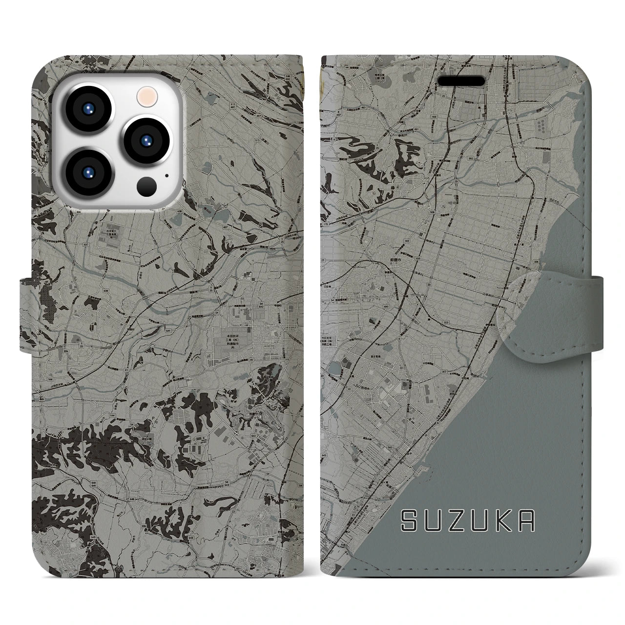 【鈴鹿(三重県)】地図柄iPhoneケース(手帳タイプ)モノトーン・iPhone 13 Pro 用