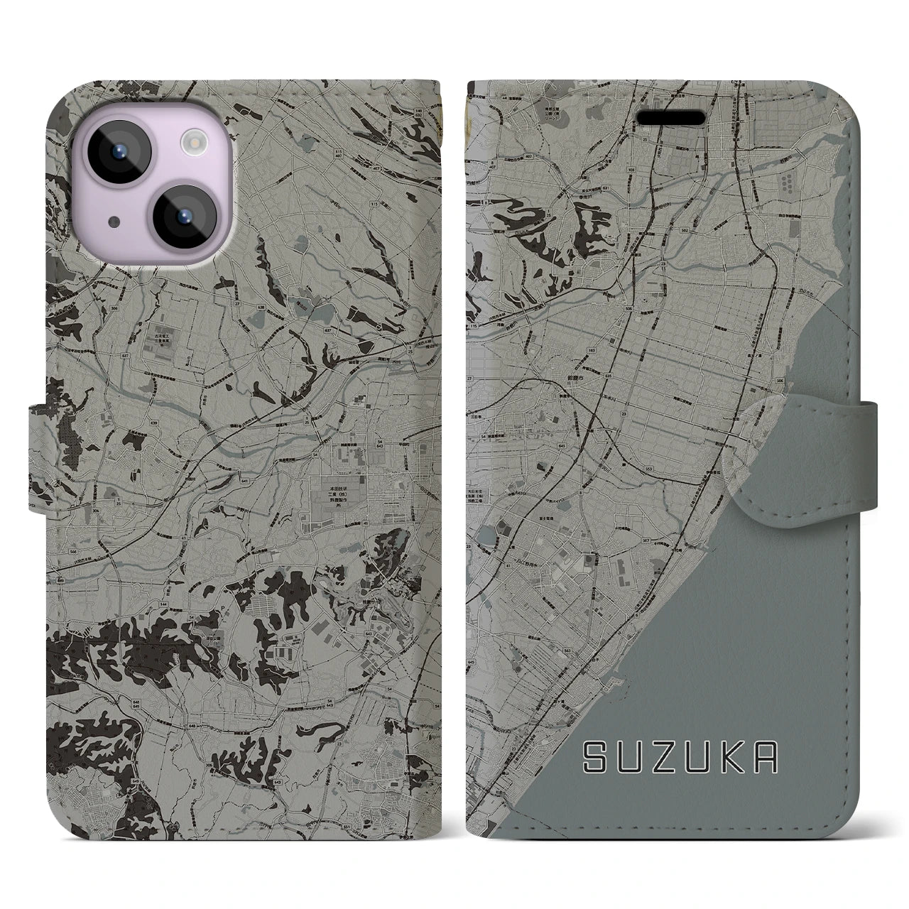 【鈴鹿(三重県)】地図柄iPhoneケース(手帳タイプ)モノトーン・iPhone 14 用
