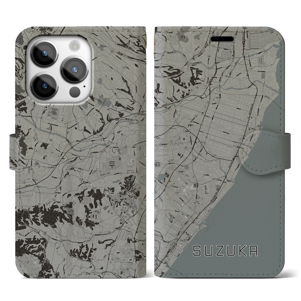 【鈴鹿(三重県)】地図柄iPhoneケース(手帳タイプ)モノトーン・iPhone 14 Pro 用