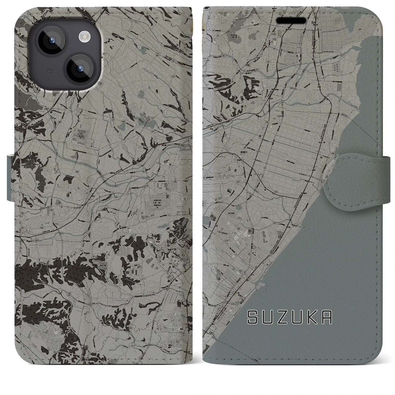 【鈴鹿(三重県)】地図柄iPhoneケース(手帳タイプ)モノトーン・iPhone 14 Plus 用