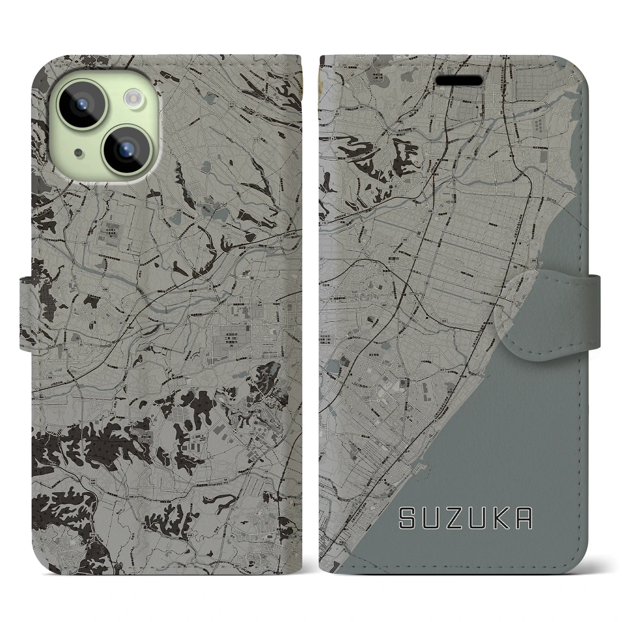 【鈴鹿(三重県)】地図柄iPhoneケース(手帳タイプ)モノトーン・iPhone 15 用