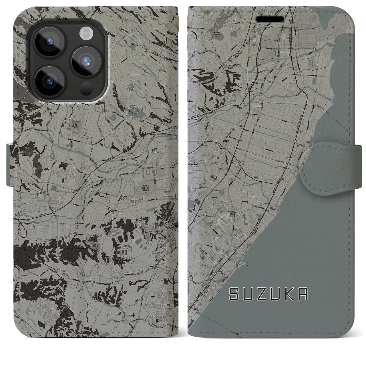 【鈴鹿(三重県)】地図柄iPhoneケース(手帳タイプ)モノトーン・iPhone 15 Pro Max 用