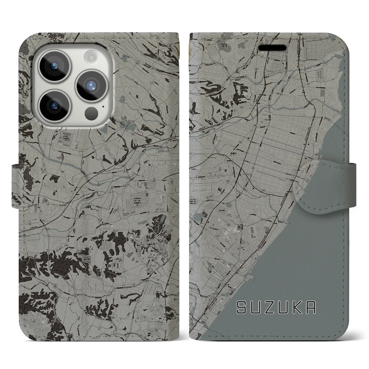 【鈴鹿(三重県)】地図柄iPhoneケース(手帳タイプ)モノトーン・iPhone 15 Pro 用