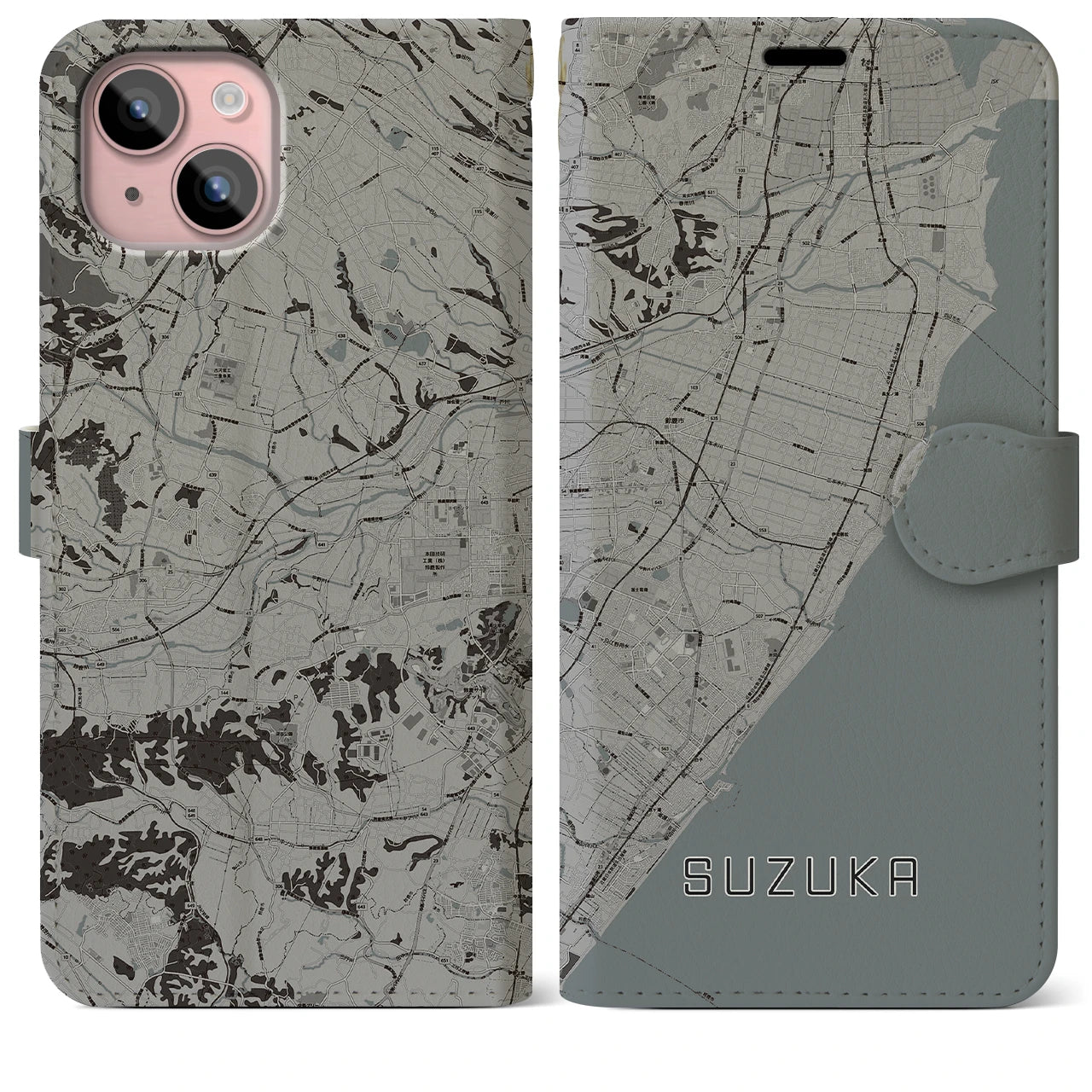 【鈴鹿(三重県)】地図柄iPhoneケース(手帳タイプ)モノトーン・iPhone 15 Plus 用