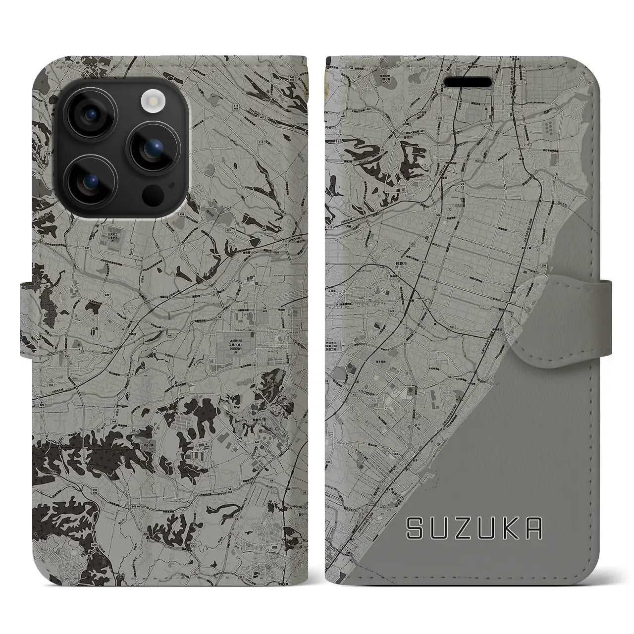 【鈴鹿(三重県)】地図柄iPhoneケース(手帳タイプ)モノトーン・iPhone 16 用