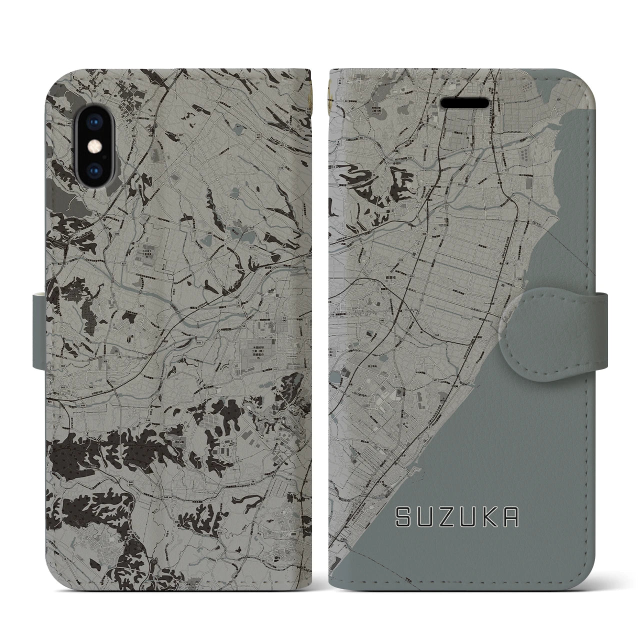 【鈴鹿(三重県)】地図柄iPhoneケース(手帳タイプ)モノトーン・iPhone XS / X 用