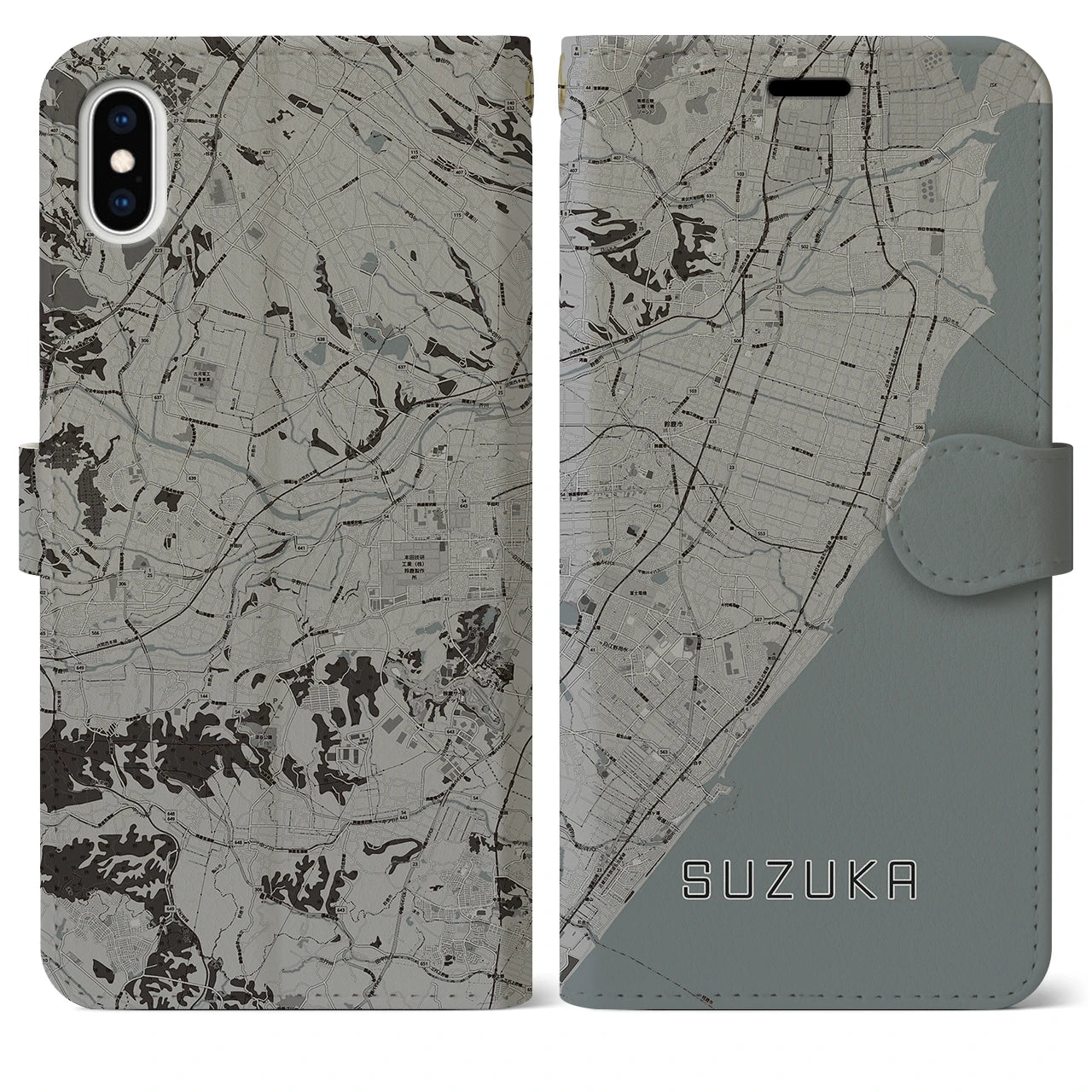 【鈴鹿(三重県)】地図柄iPhoneケース(手帳タイプ)モノトーン・iPhone XS Max 用