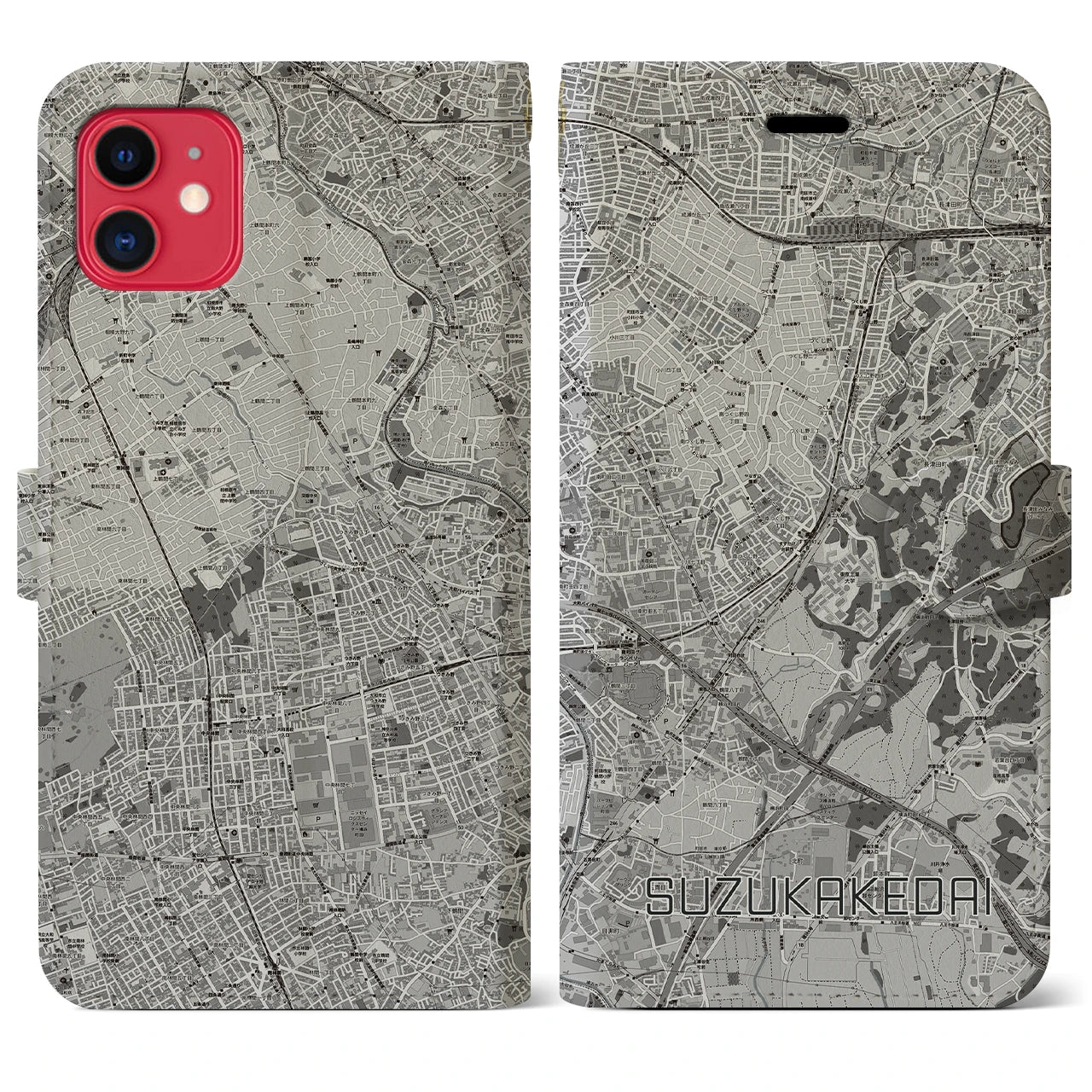 【すずかけ台(東京都)】地図柄iPhoneケース(手帳タイプ)モノトーン・iPhone 11 用