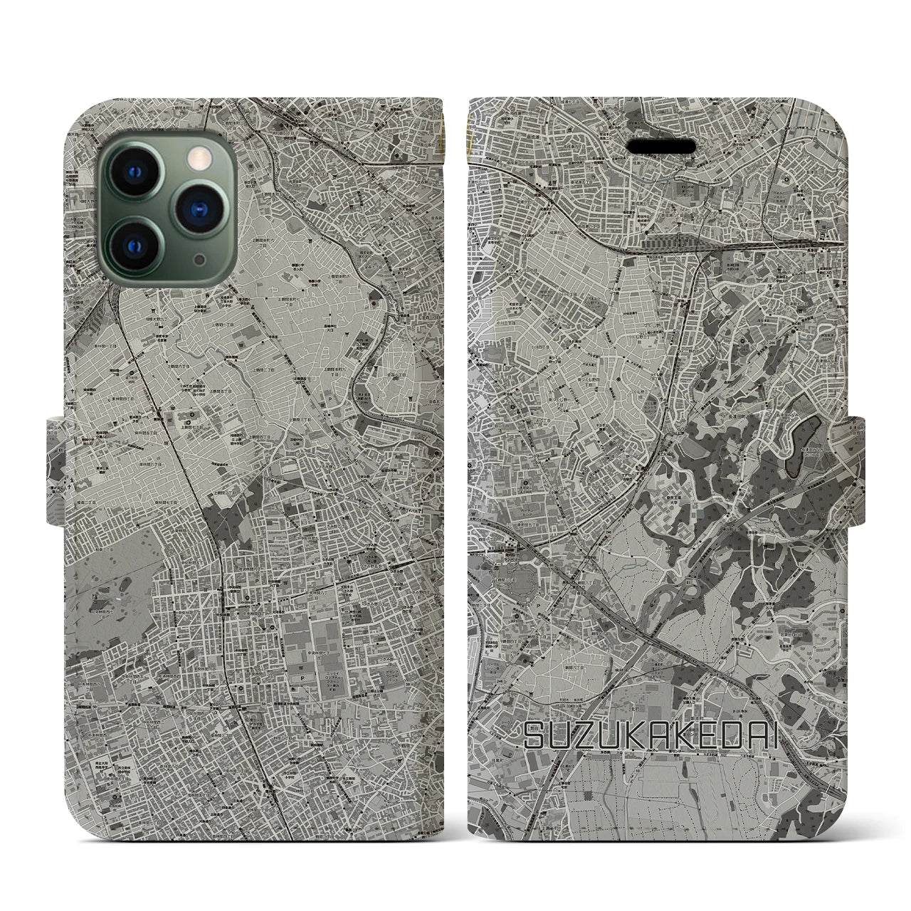【すずかけ台(東京都)】地図柄iPhoneケース(手帳タイプ)モノトーン・iPhone 11 Pro 用