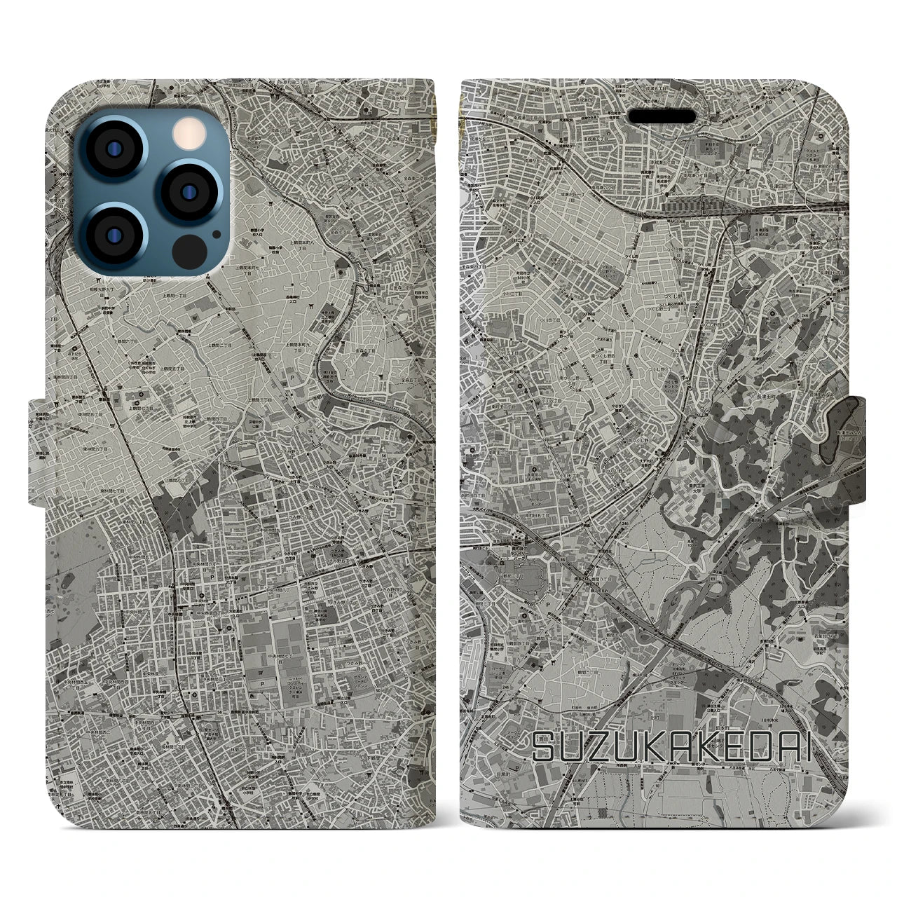 【すずかけ台(東京都)】地図柄iPhoneケース(手帳タイプ)モノトーン・iPhone 12 / 12 Pro 用